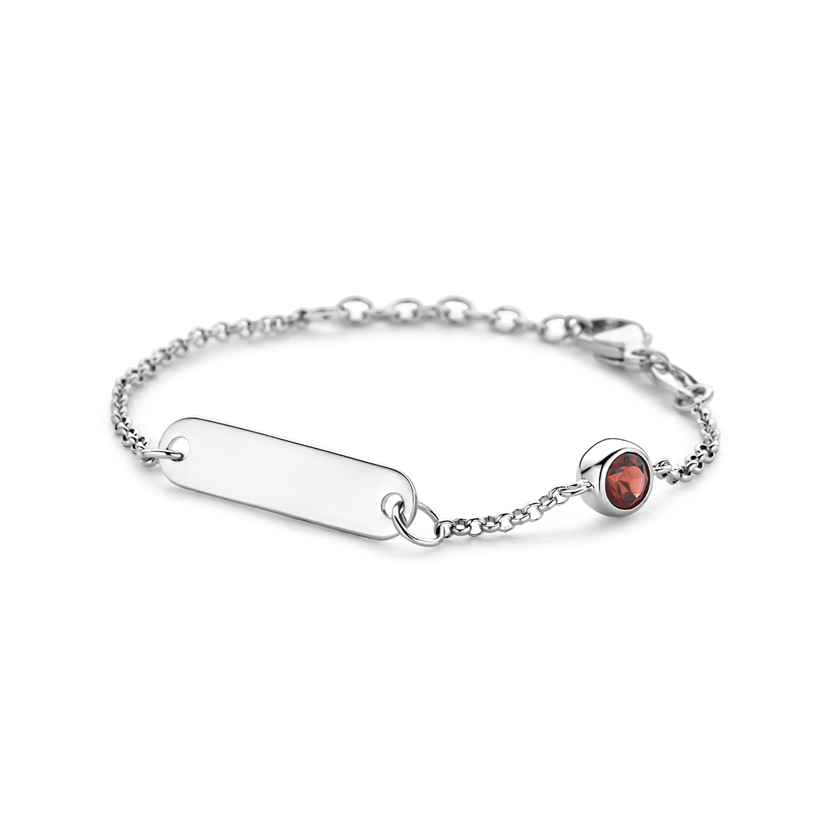 Gerhodineerd 925 zilveren graveerarmband uitgevoerd met een geboortesteen. De armband heeft een draaglengte van 11cm met 2cm extensie. De schakelbreedte is 1.5mm. De graveerplaat heeft een afmeting van 5x20mm en een dikte van 0.6mm.