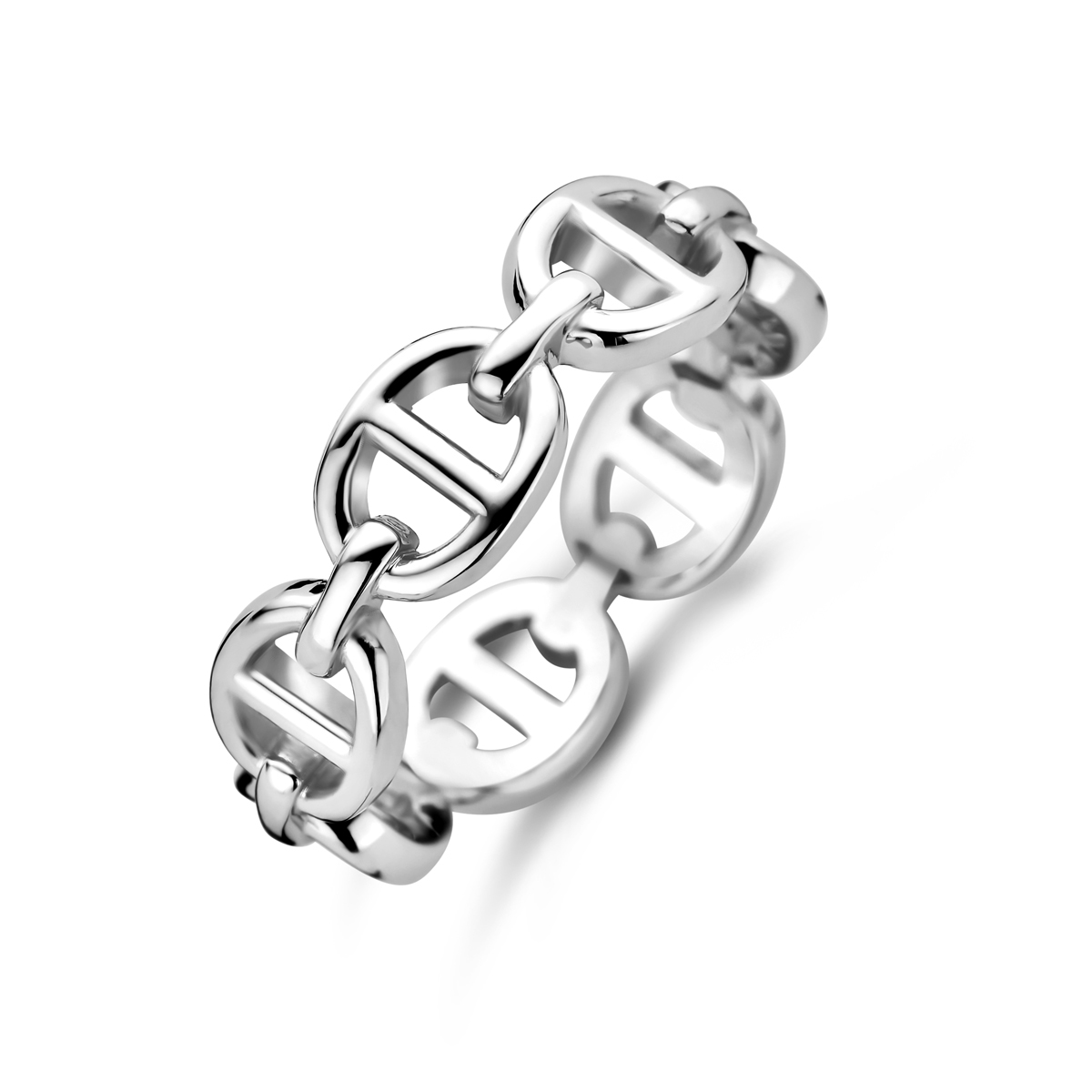 De Zilveren Ring - schakel is een verfijnd juweel met een breedte van 6 mm. Gemaakt van rhodium-plated materiaal, glanst deze ring prachtig. Het een ideale keuze voor alledaagse elegantie. Draag het als een subtiele, stijlvolle aanvulling op elke outfit.