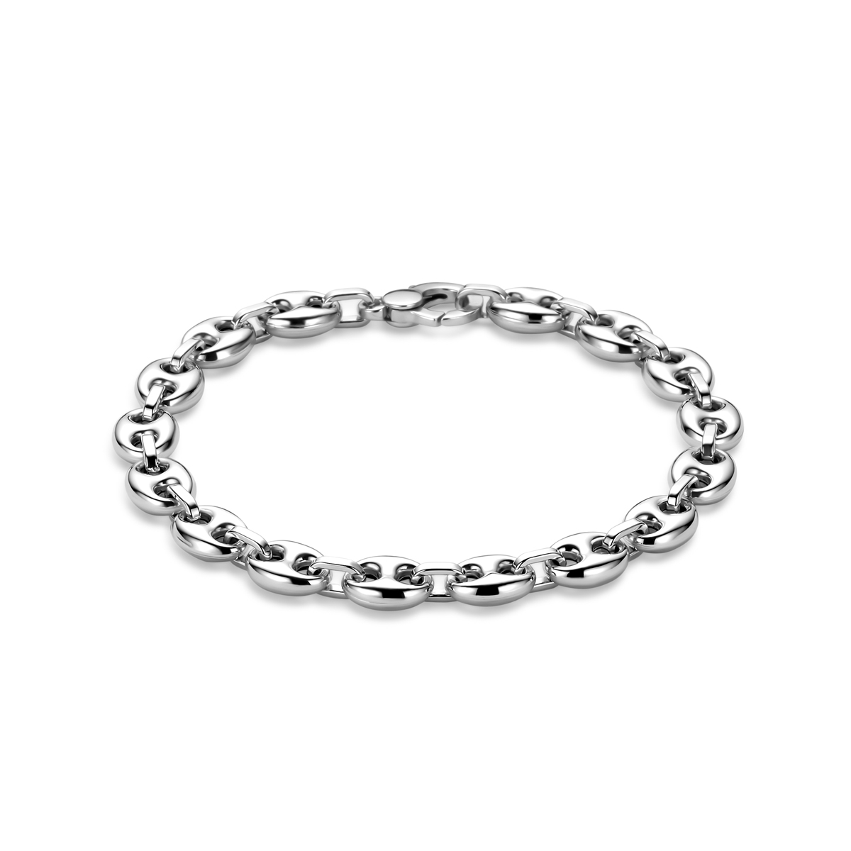 Gerhodineerd 925 zilveren armband uitgevoerd met een koffieboon schakel van 7.5mm. De armband heeft een draaglengte van 19cm en is uitgevoerd met karabijnsluiting.