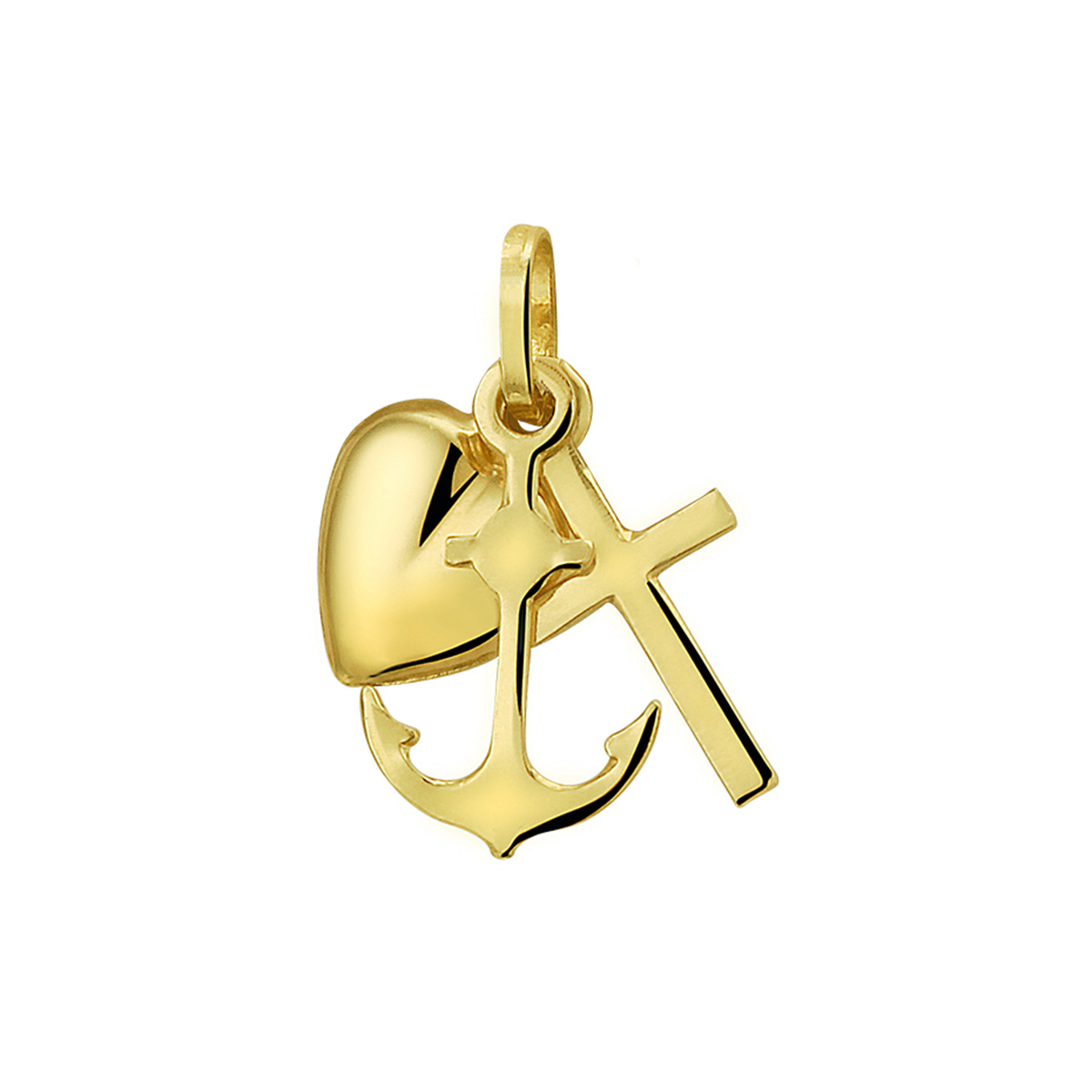 Geelgouden hanger met geloof hoop en liefde bedels.