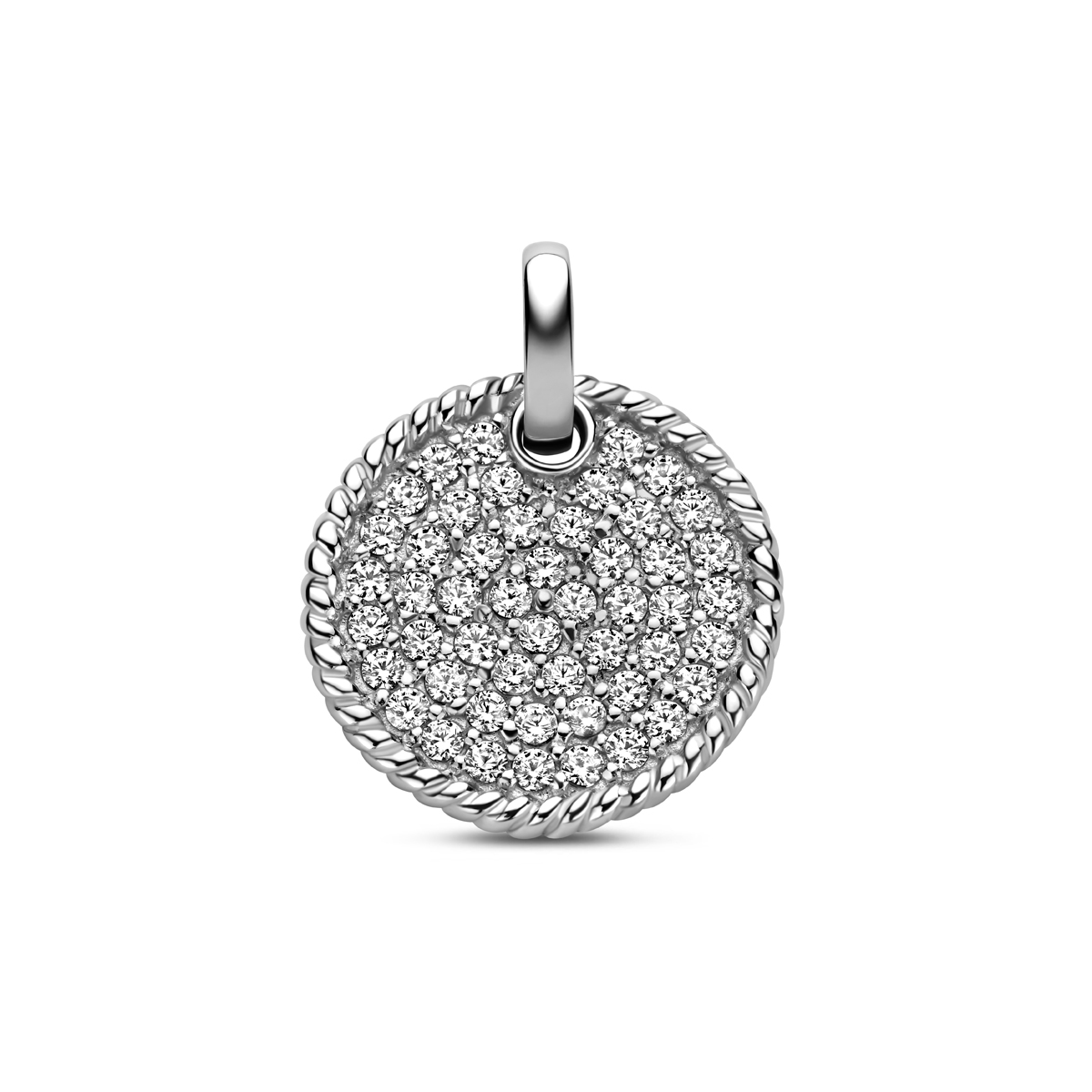 Gerhodineerd 925 zilveren hanger uitgevoerd met zirkonia. De hanger heeft een totale hoogte van 18mm en een diameter van 14mm.