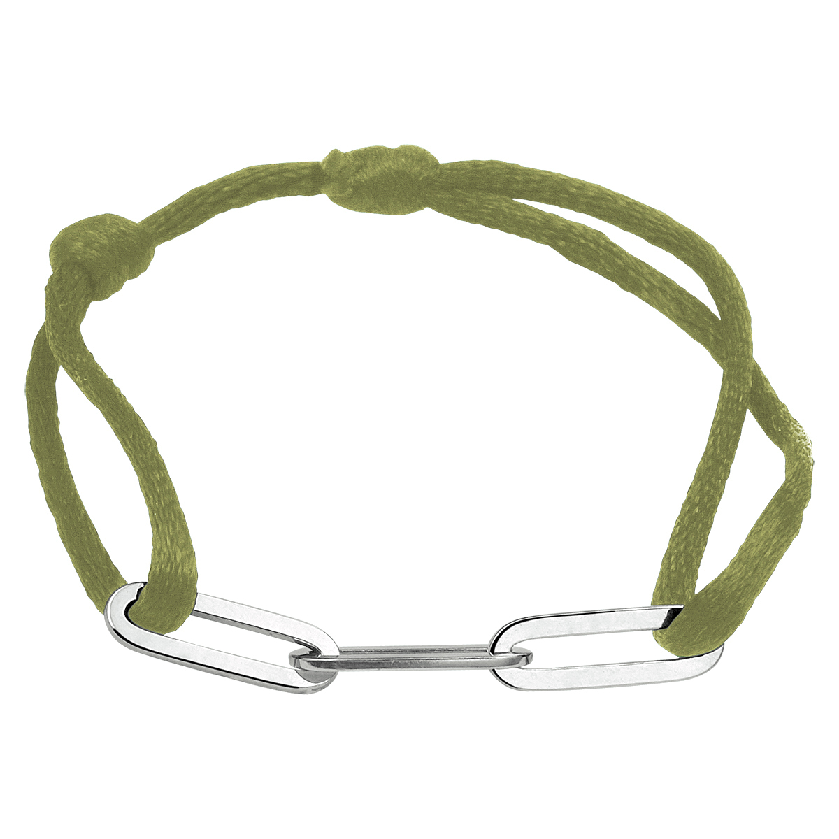 Mosgroen gevlochten armband uitgevoerd met gerhodineerd 925 zilveren schakels met een breedte van 5mm. De armband heeft draaglengtes van 13 tot 26cm.
