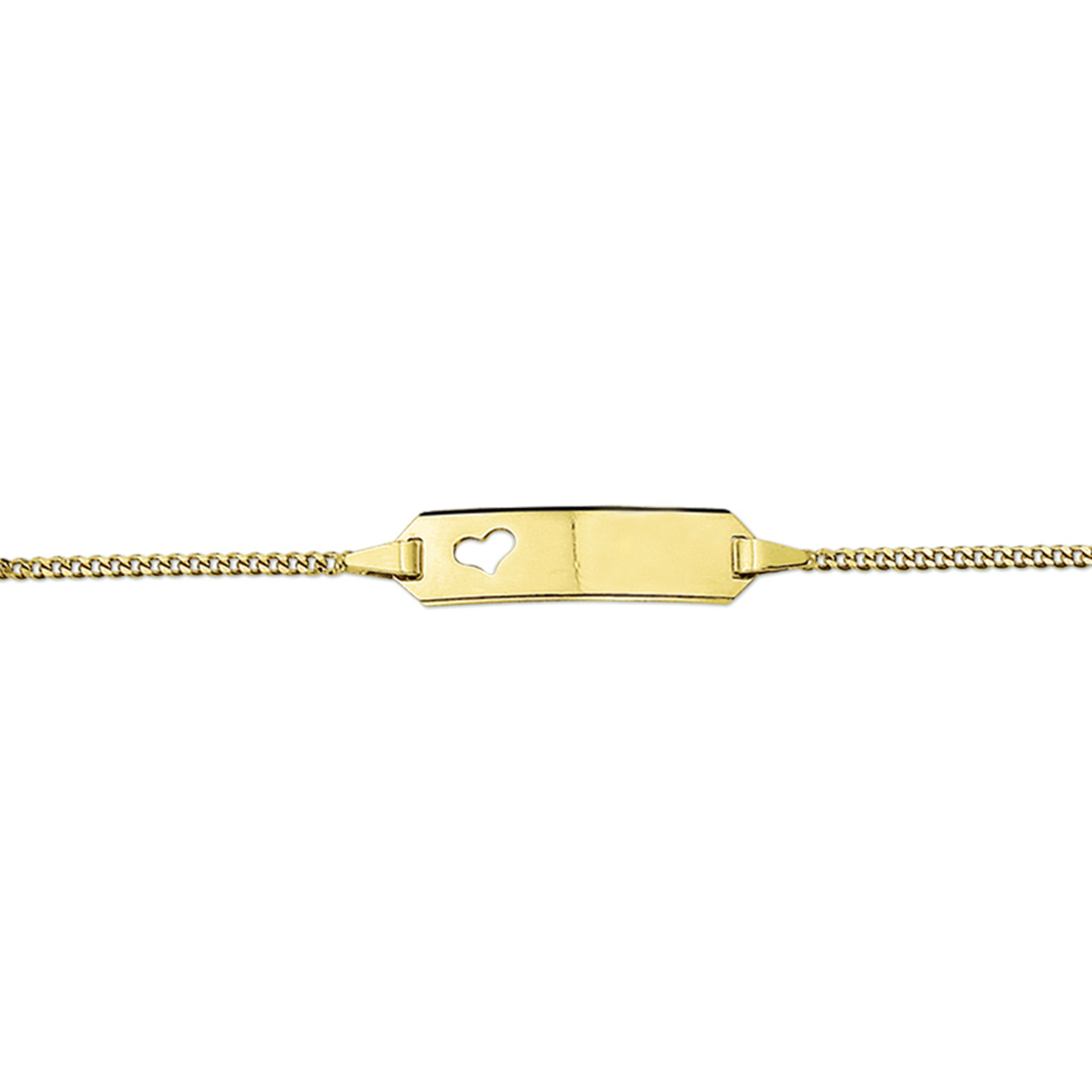 Geelgouden graveerarmband met een poli afwerking en een gestanst hartje. De graveerplaat heeft een dikte van 0.5mm.