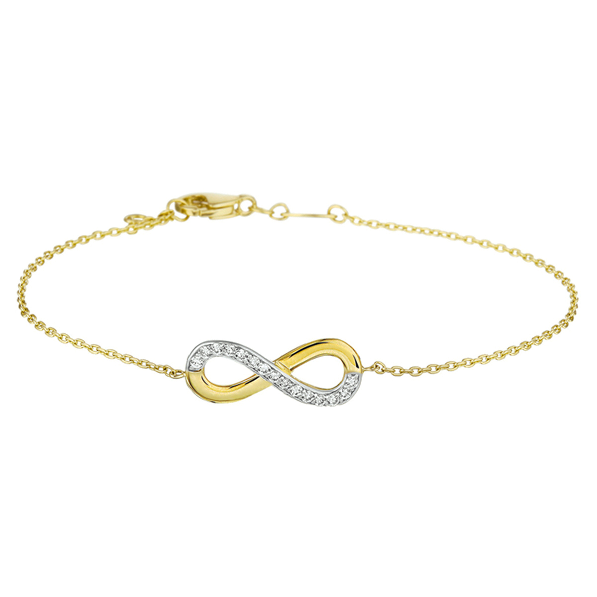 Geelgouden armband met een infinity teken en zirkonia. De armband is onderdeel van een set. De lengte van de armband bedraagt 17.5cm met 1cm extensie. De schakelbreedte bedraagt 1.0mm.