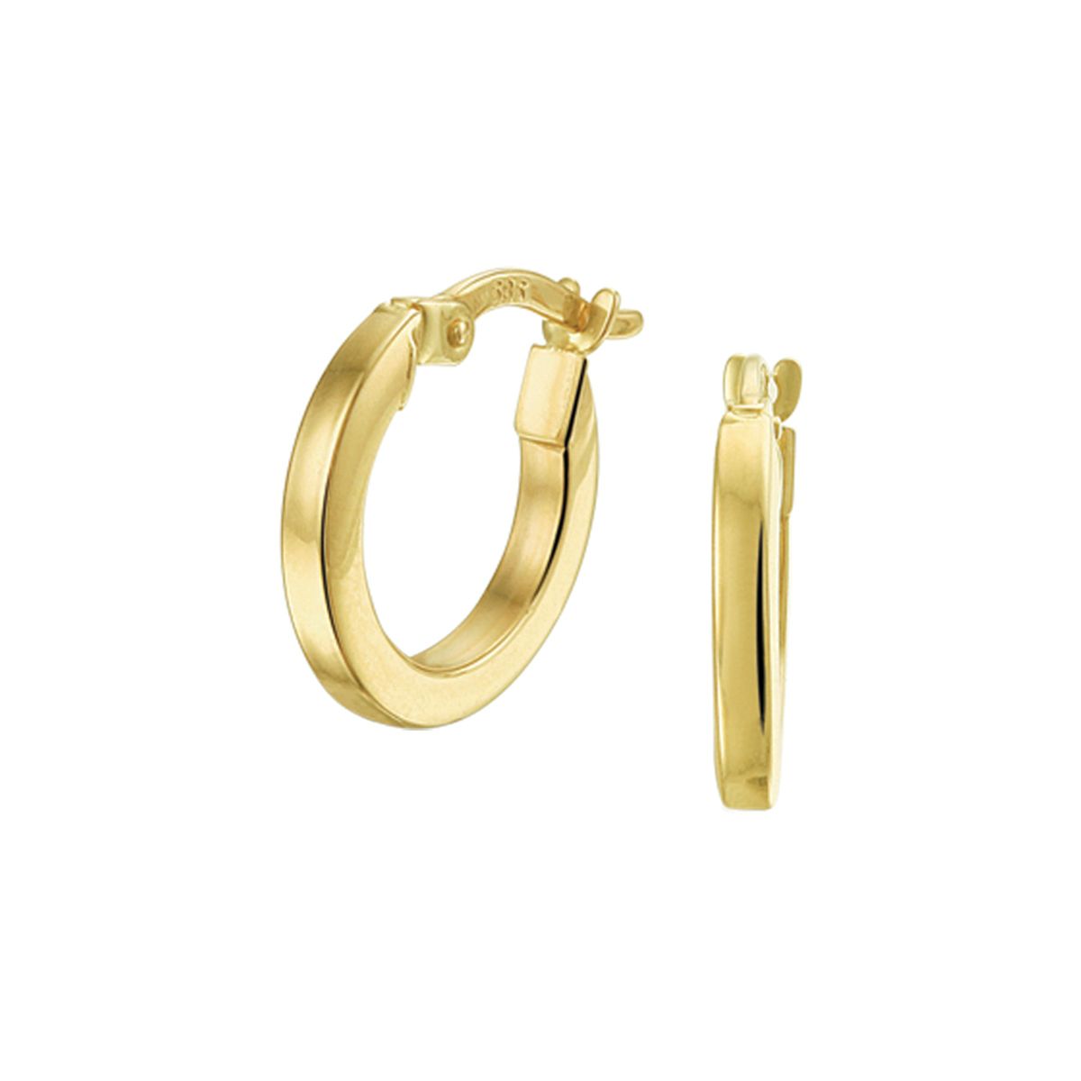 Geelgouden oorringen met een vierkante buis en een hefboom-sluiting.