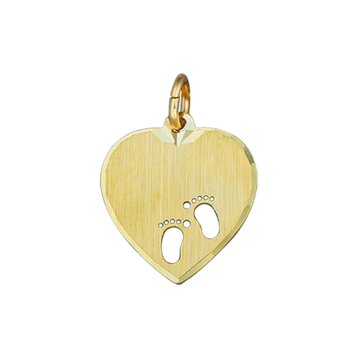 Geelgouden graveerhart met een gediamanteerde afwerking en gestanste voetjes. De hanger heeft een dikte van 0.6mm.