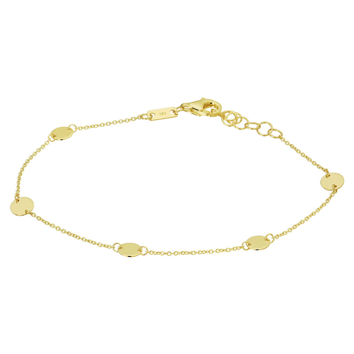 Trendy 14k geelgouden 0.9mm anker armband met draaglengtes van 16.5, 17.5 en 18.5cm uitgevoerd met 5 rondjes van 5mm en een stevige karabijn sluiting. De armband is te combineren met bijpassende sieraden uit onze collectie.