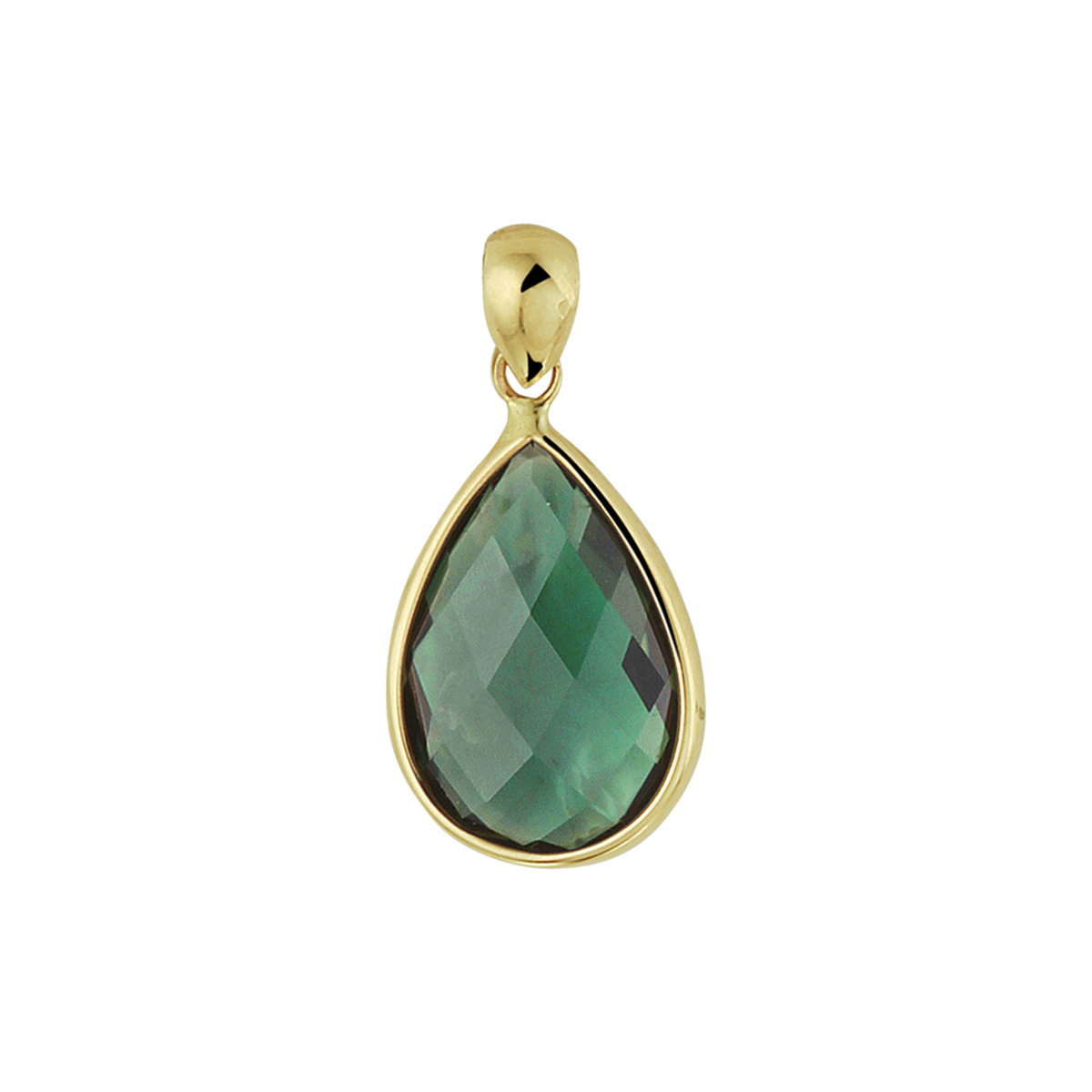 14k Geelgouden hanger uitgevoerd met een schitterende groen kwarts. De hanger heeft een totale hoogte van 18mm.