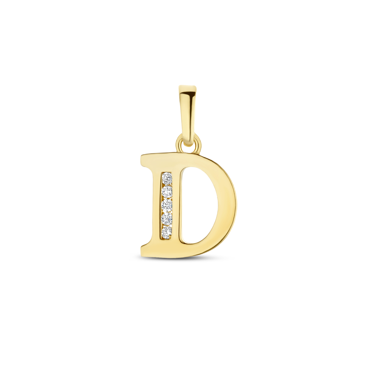 14k Geelgouden hanger in de vorm van een letter. Uitgevoerd met heldere zirkonia.