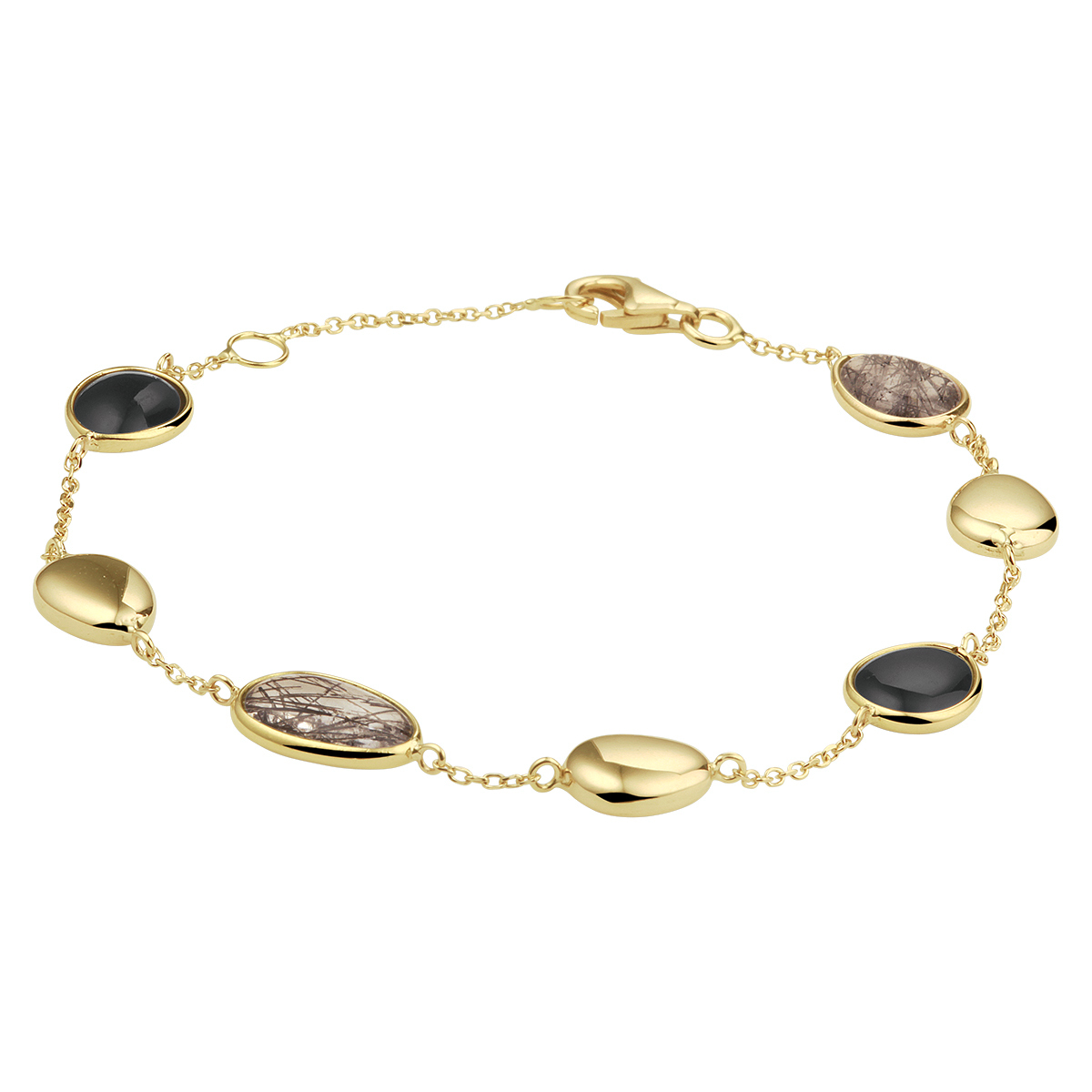 14k Geelgouden armband uitgevoerd met schitterend zwart rutiel en onyx. De armband heeft draaglengtes van 17 en 19cm. Uitgevoerd met een stevige karabijn sluiting.