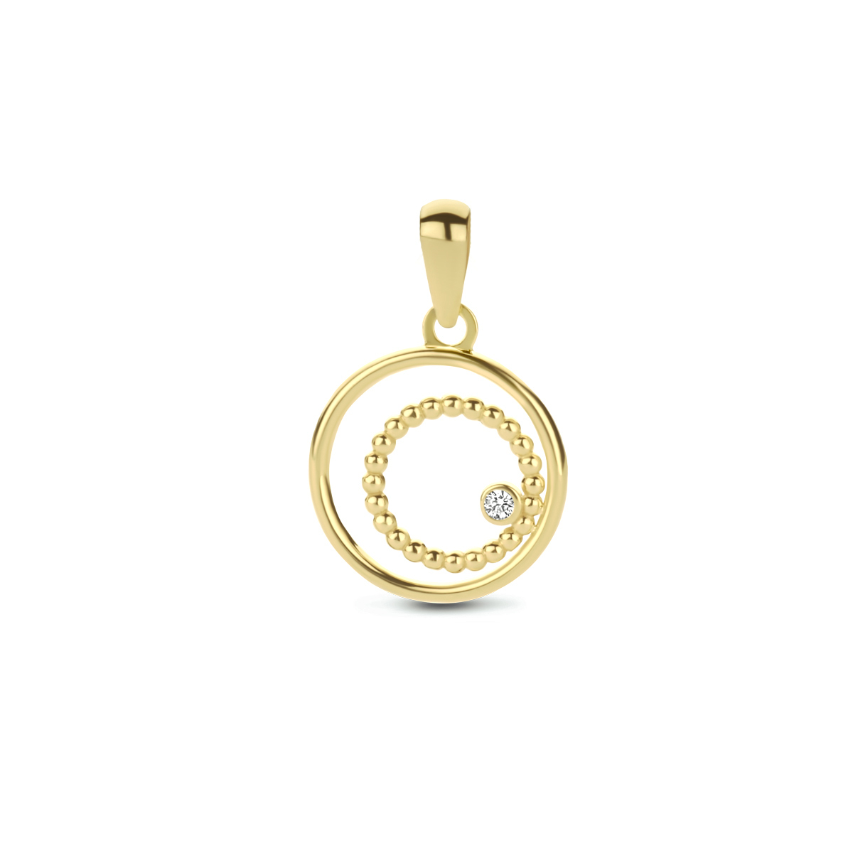 14k Geelgouden ronde hanger uitgevoerd met een schitterende zirkonia. 
De hanger heeft een totale hoogte van 2cm en een diameter van 12.5mm.
