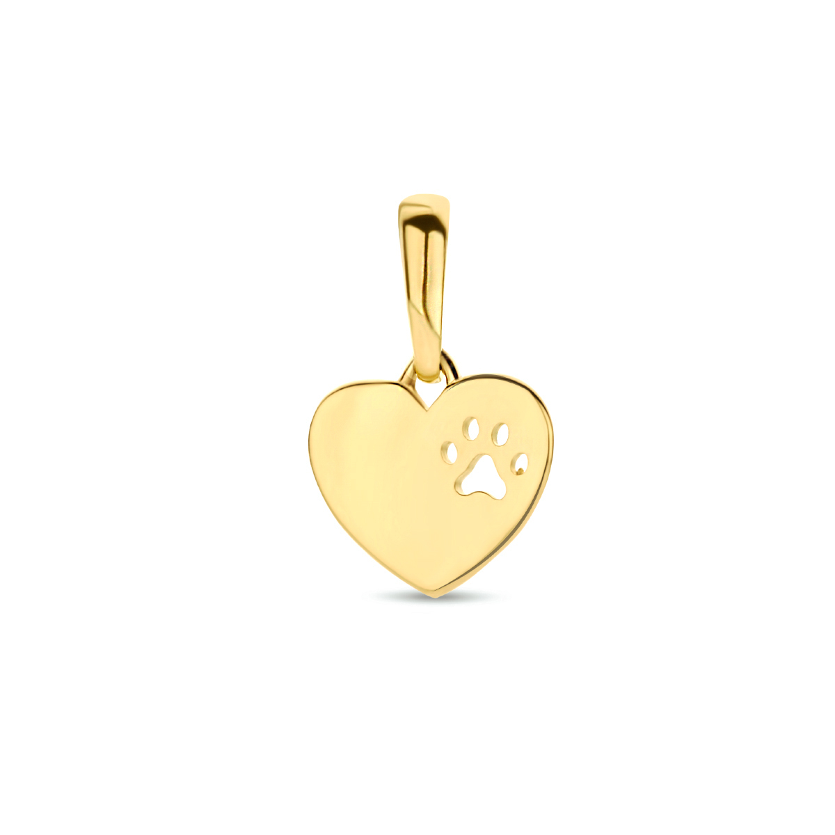 14k Geelgouden hanger uitgevoerd in de vorm van een hart met een hondenpootje voorstelling. Het hartje heeft een afmeting van 7x8mm.