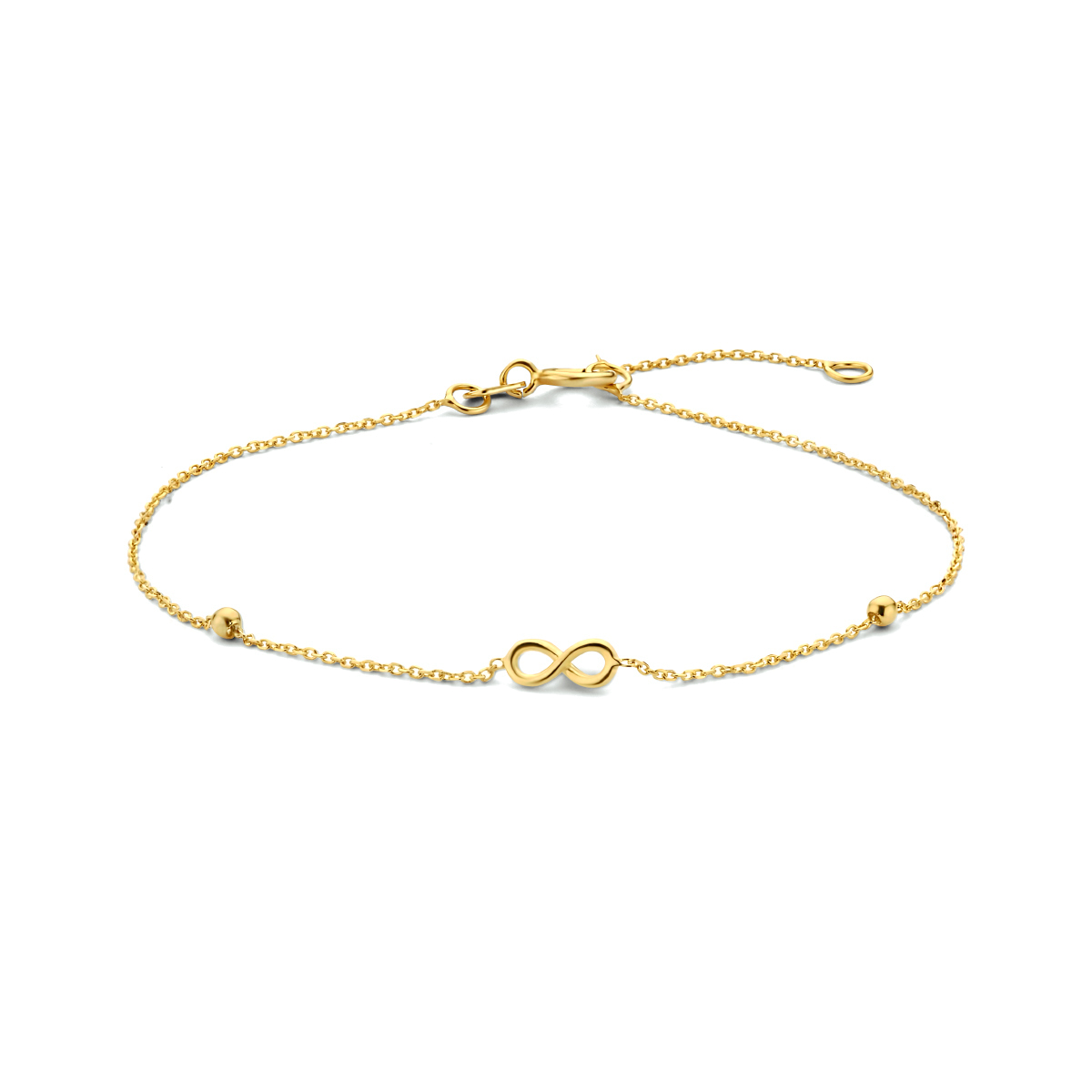 14k Geelgouden armband met een infinity hanger en bolletjes. De armband heeft draaglengtes van 16, 17,5 en 19cm. De schakelbreedte is 0.7mm.