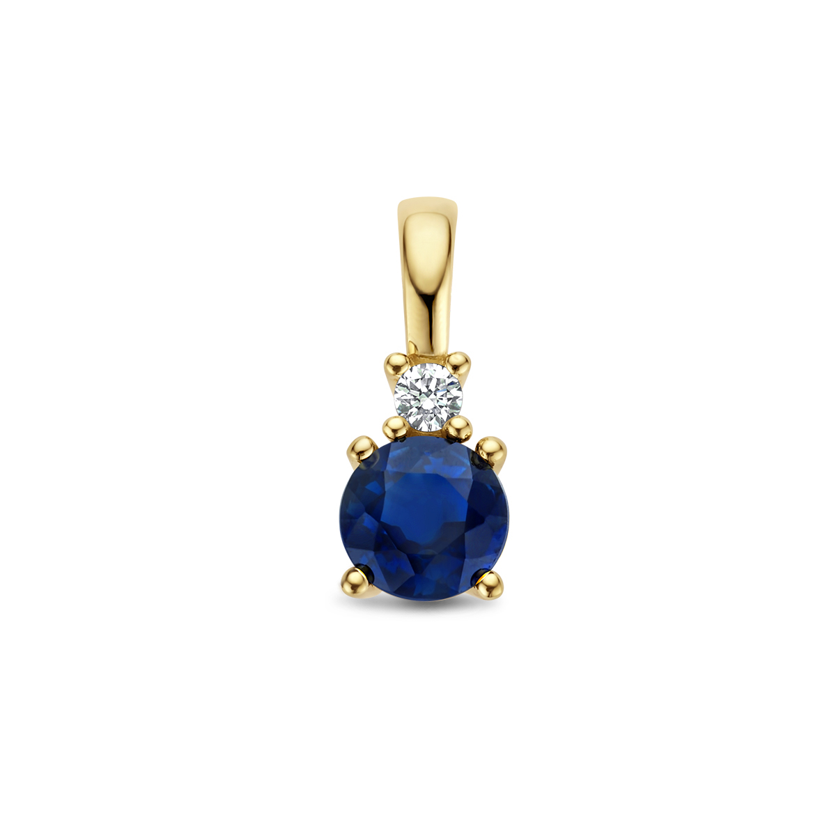 14k Geelgouden hanger uitgevoerd met schitterende saffier en diamant. De hanger heeft een afmeting van 10.5x4mm.