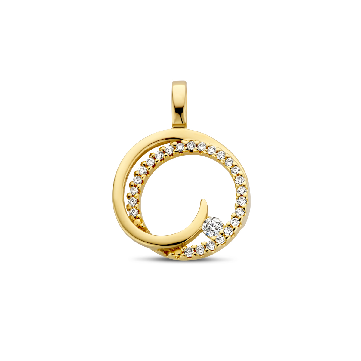 14k Geelgouden hanger in de vorm van een rondje uitgevoerd met schitterende diamanten. De hanger heeft een diameter van 14mm.
