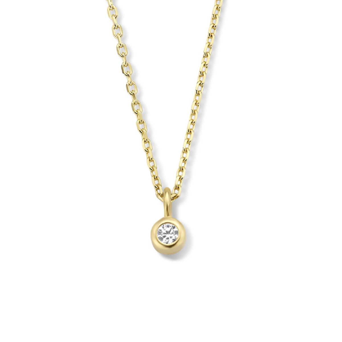 14k Geelgouden collier met heldere zirkonia. Het collier heeft een draaglengte 41cm en een extensie van 4cm. Uitgevoerd met een karabijn sluiting.  De schakelbreedte is 1.0mm.