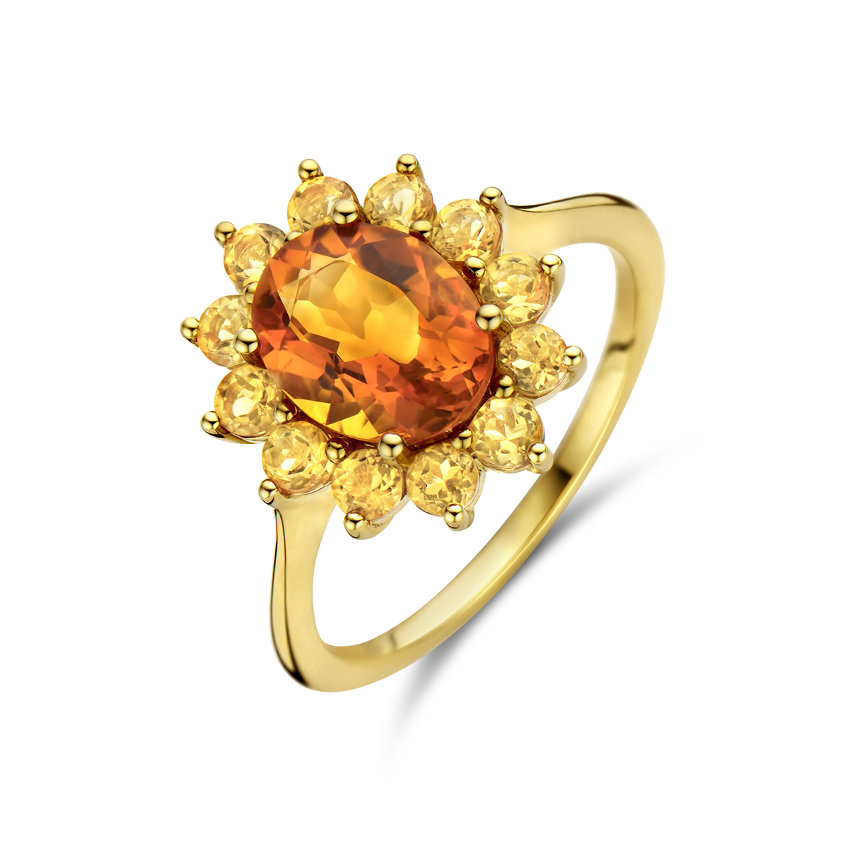 14k Geelgouden ring uitgevoerd met citrien. De ring heeft een breedte van 15mm.