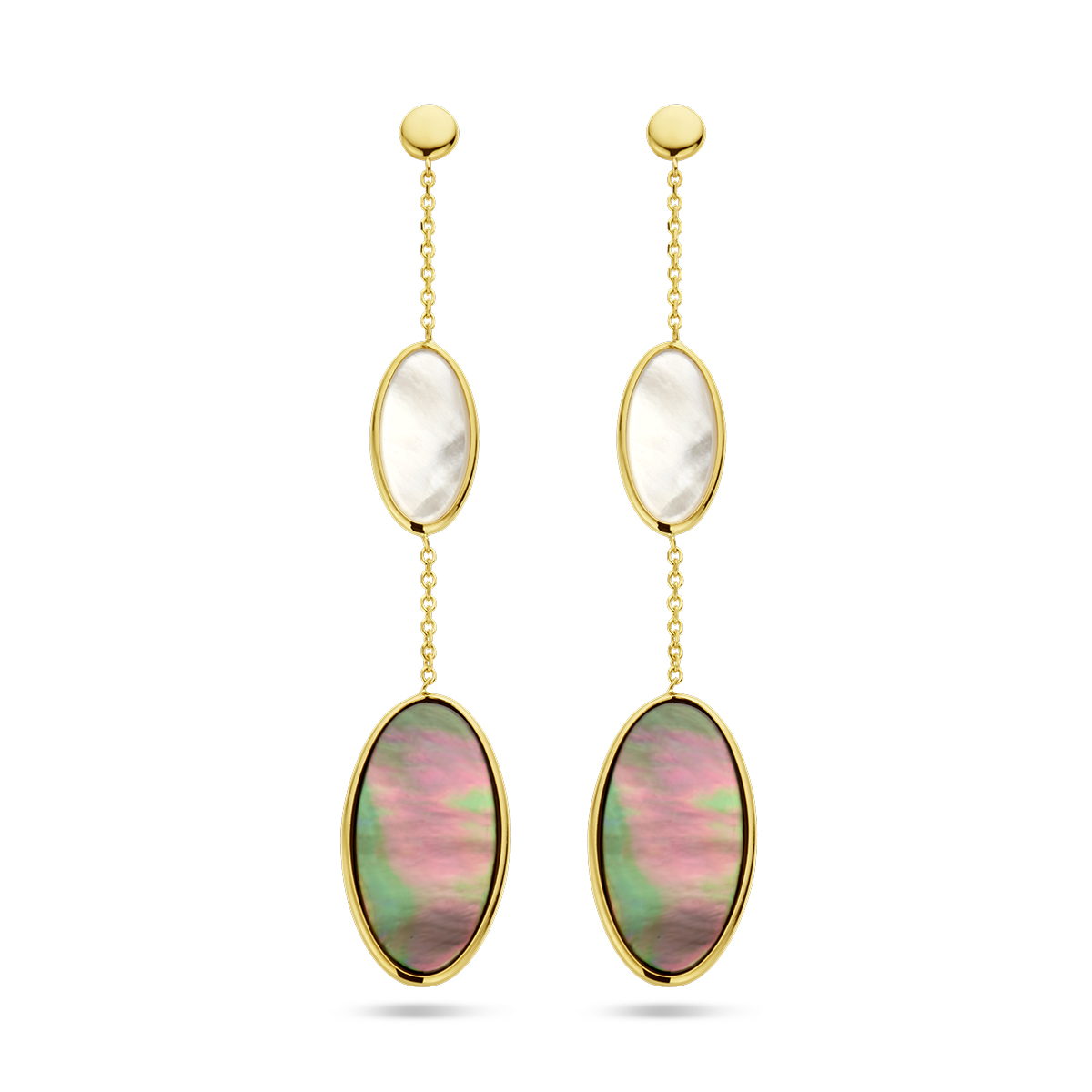 14k Geelgouden oorhangers uitgevoerd met ovaalvormige elementen met parelmoer. De oorhangers hebben een totale hoogte van 68mm.