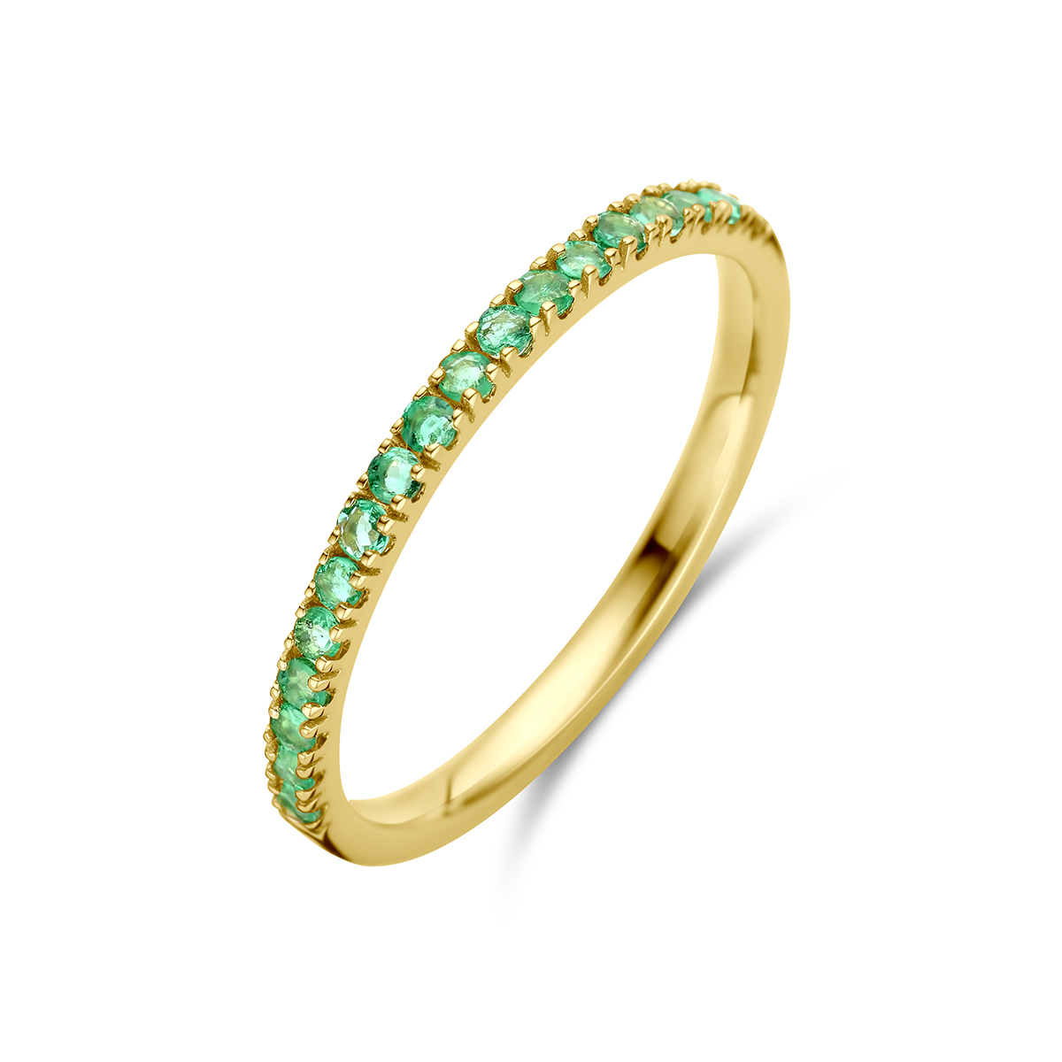 14k Geelgouden ring met geboortesteen uitgevoerd met smaragd. De ring heeft een breedte van 1.5mm.