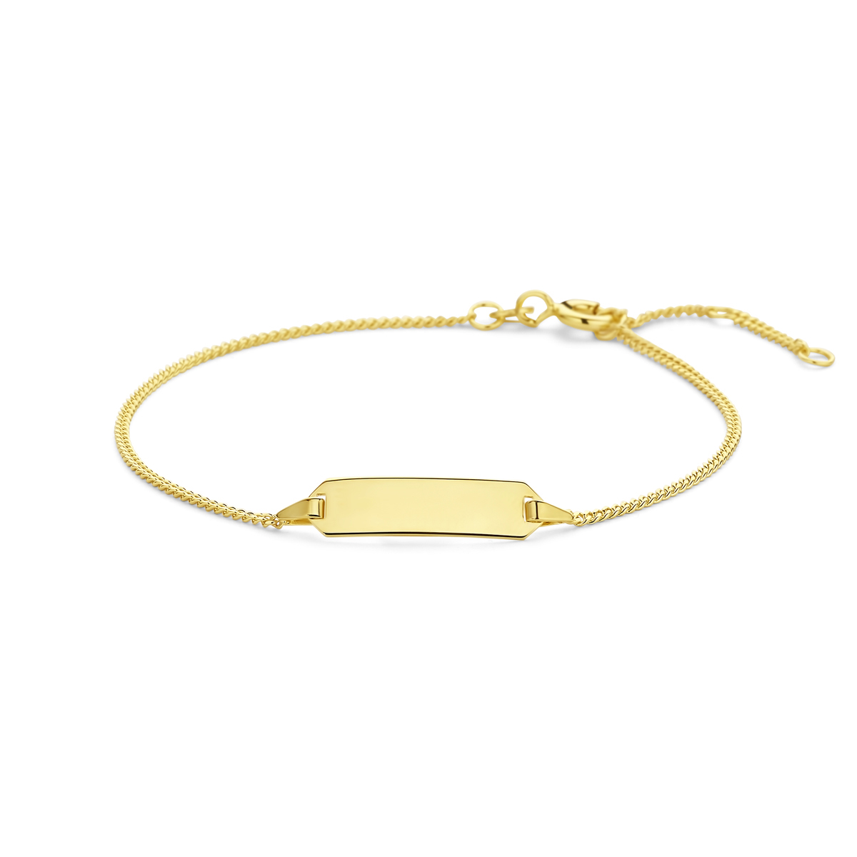 14k Geelgouden graveerarmband met een schakelbreedte van 1.4mm. De plaat heeft een dikte van 0.6mm.