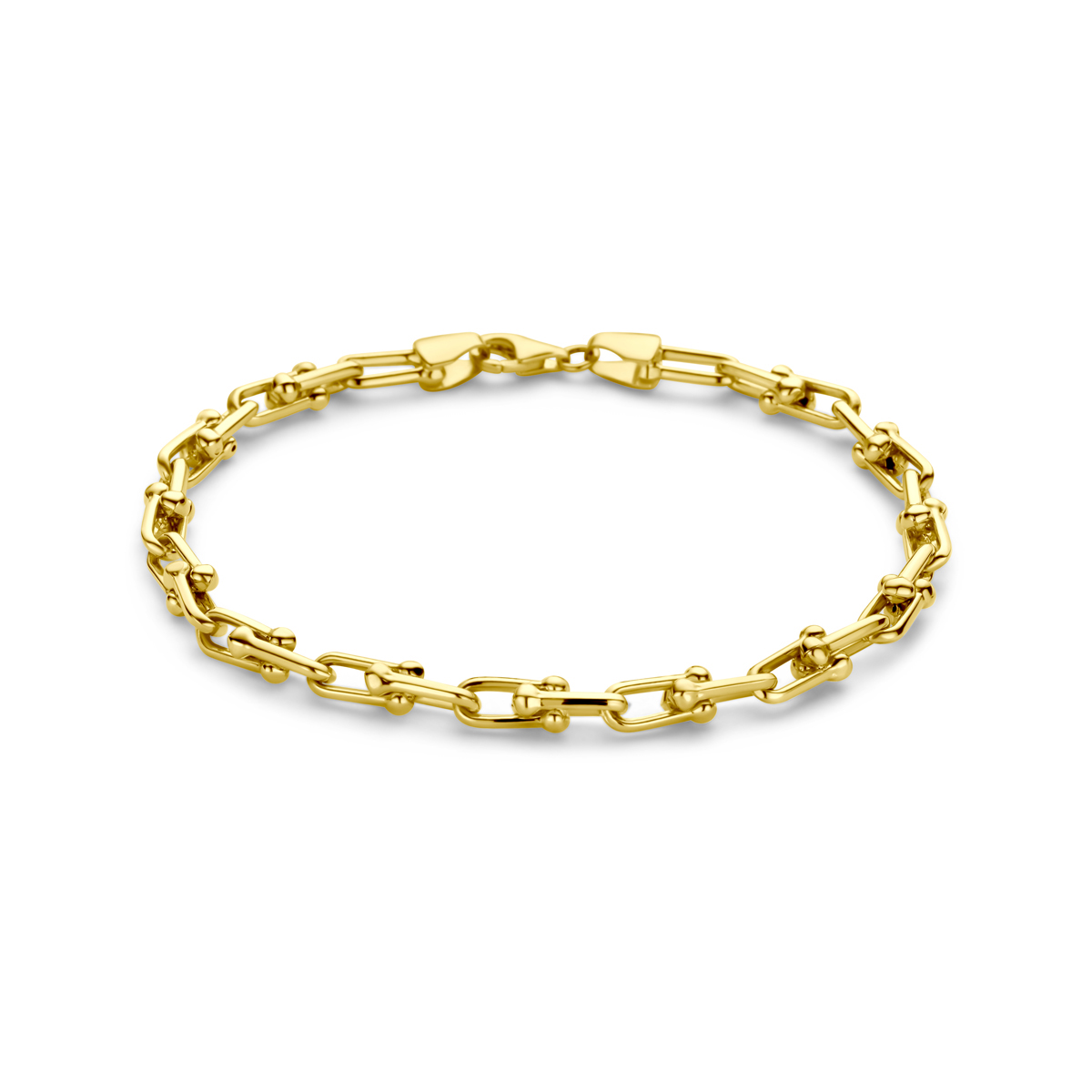 14k Geelgouden armband met een fantasie schakel van 4mm. De armband heeft een draaglengte van 19 en is uitgevoerd met karabijnsluiting.