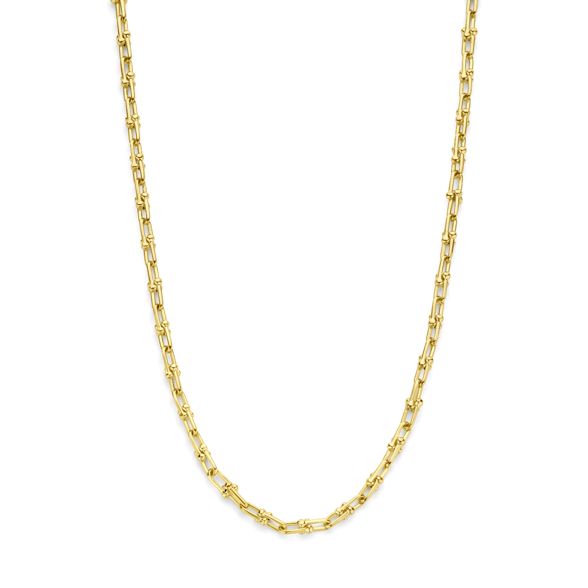14k Geelgouden collier met een fantasie schakel van 4mm. Het collier heeft een draaglengte van 45 en is uitgevoerd met karabijnsluiting.