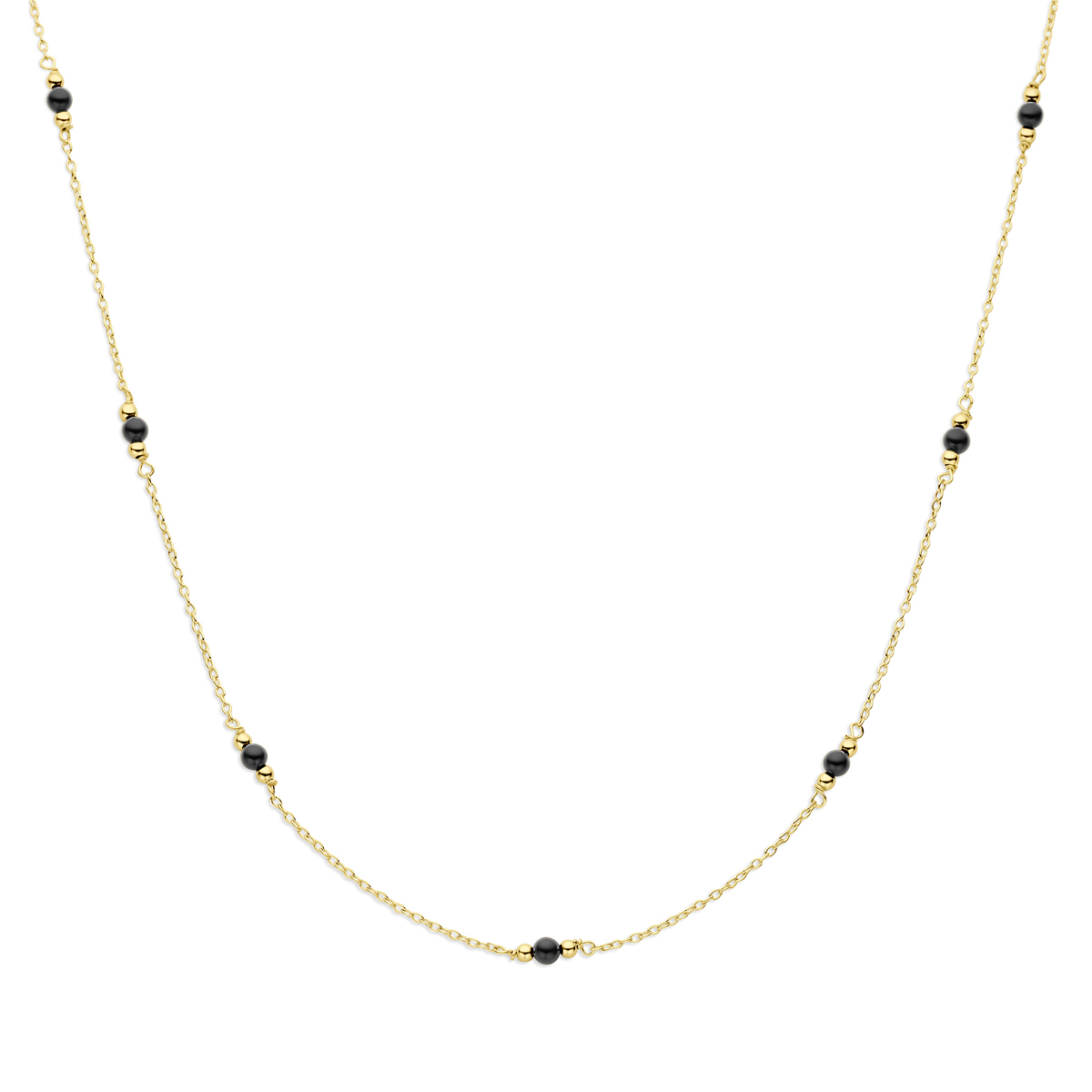 14k Geelgouden collier uitgevoerd met bolletjes en onyx. Het collier heeft een schakelbreedte van 1.2mm. Uitgevoerd met een karabijn sluiting.