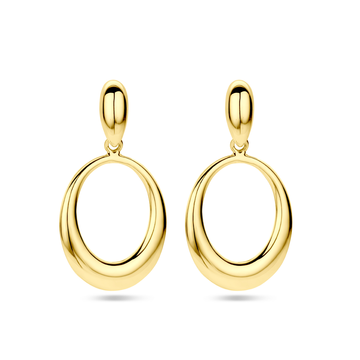 14k Geelgouden ovaalvormige oorhangers. De oorhangers hebben een totale hoogte van 22mm.
