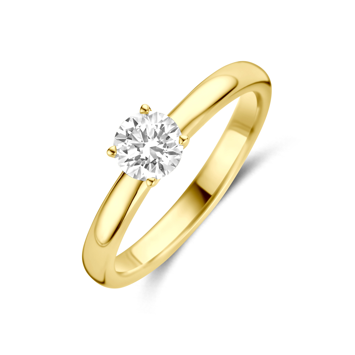 14k Geelgouden ring uitgevoerd met lab grown diamant. De steen heeft een diameter van 5mm. Het totale diamantgewicht is 0.50ct.