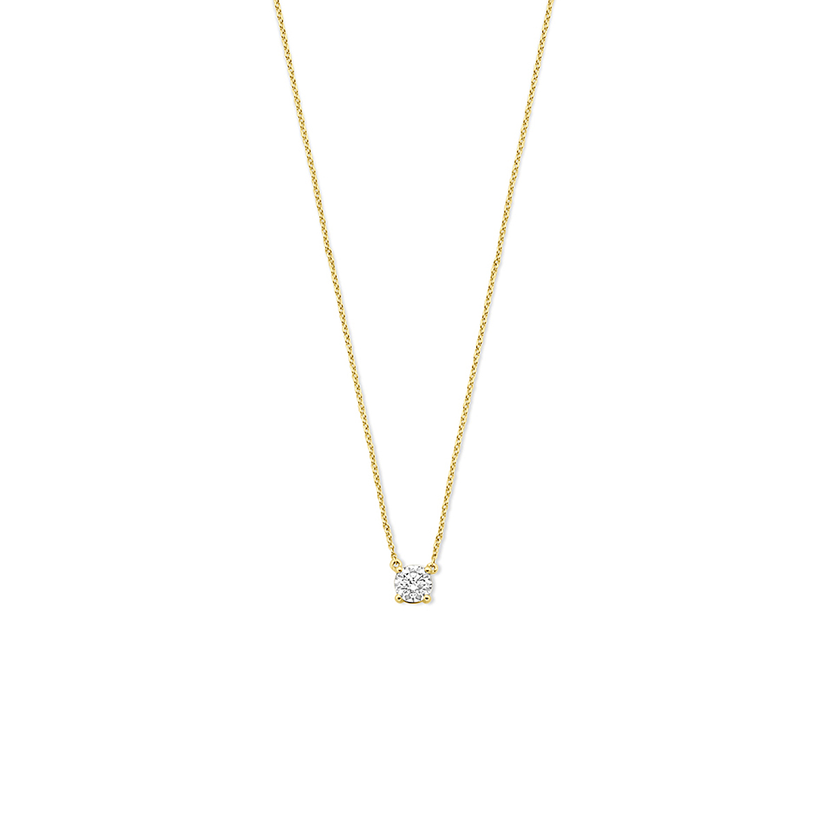 14k Geelgouden collier uitgevoerd met lab grown diamant. Het collier heeft draaglengtes van 41-43-45cm. Het totale diamantgewicht is 0.25ct.