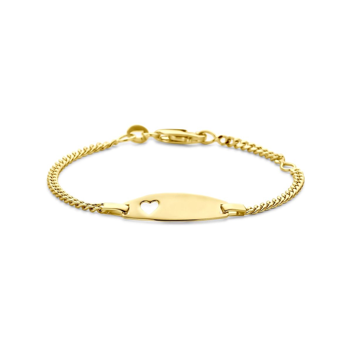 14 Karaats Geelgouden graveerarmband met een hartje. De armband heeft draaglengtes van 11-13cm. Het graveerplaatje heeft een afmeting van 6.5x20mm. Uitgevoerd met karabijnsluiting.