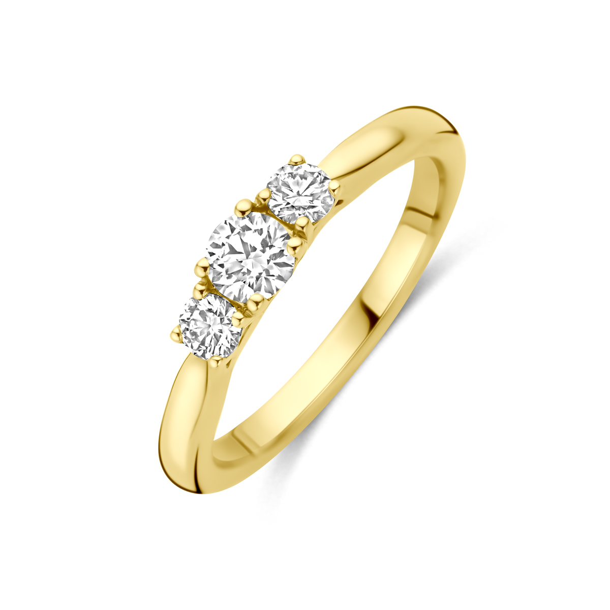 14k Geelgouden ring uitgevoerd met lab grown diamant met een totaal diamantgewicht 0.45ct. Lab grown diamanten zijn diamanten die ontstaan in een laboratorium. Onder extreem hoge druk en temperatuur wordt het natuurlijk ontstaansproces nagebootst met als eindresultaat een diamant met dezelfde chemische eigenschappen maar met een andere oorsprong.