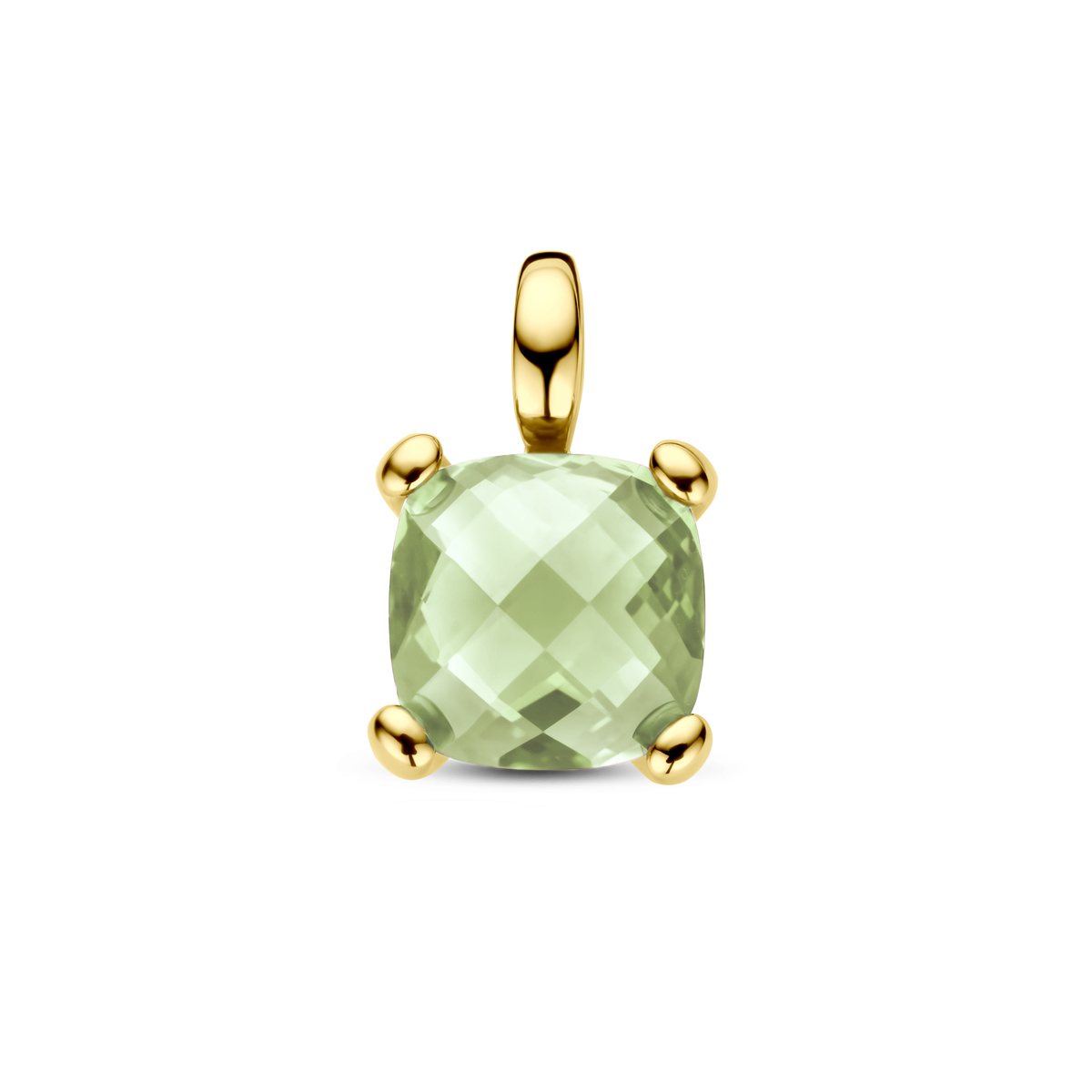 14k Geelgouden hanger uitgevoerd met groen amethist. De hanger heeft een afmeting van 13.5x8.5mm.