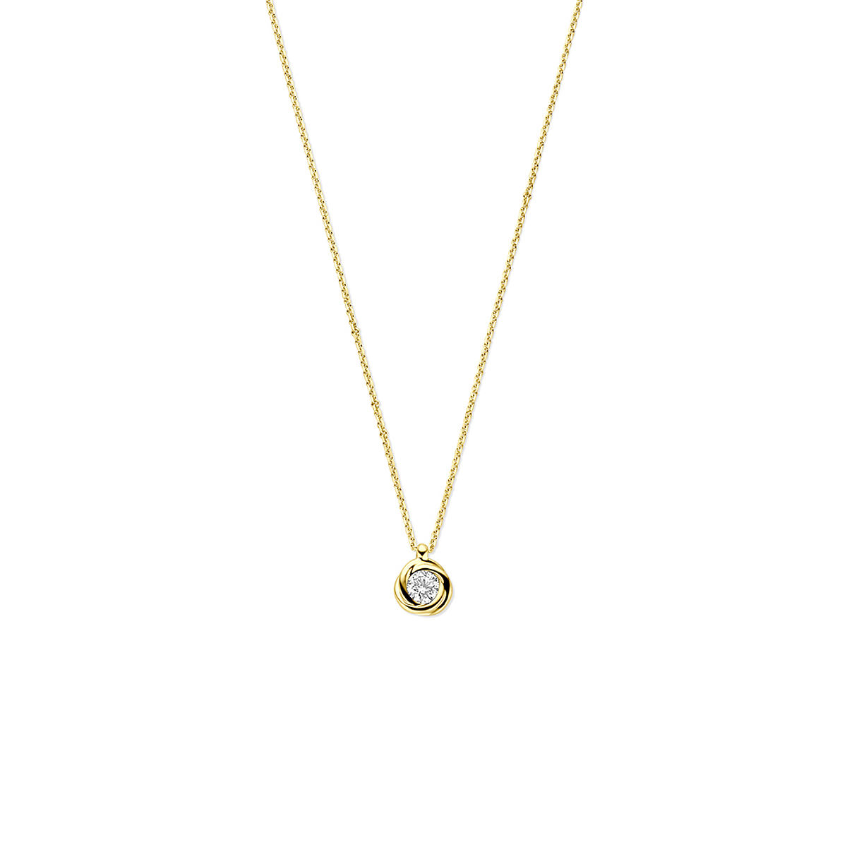 14k Geelgouden collier uitgevoerd met zirkonia. Het collier heeft draaglengtes van40-42-44cm. 