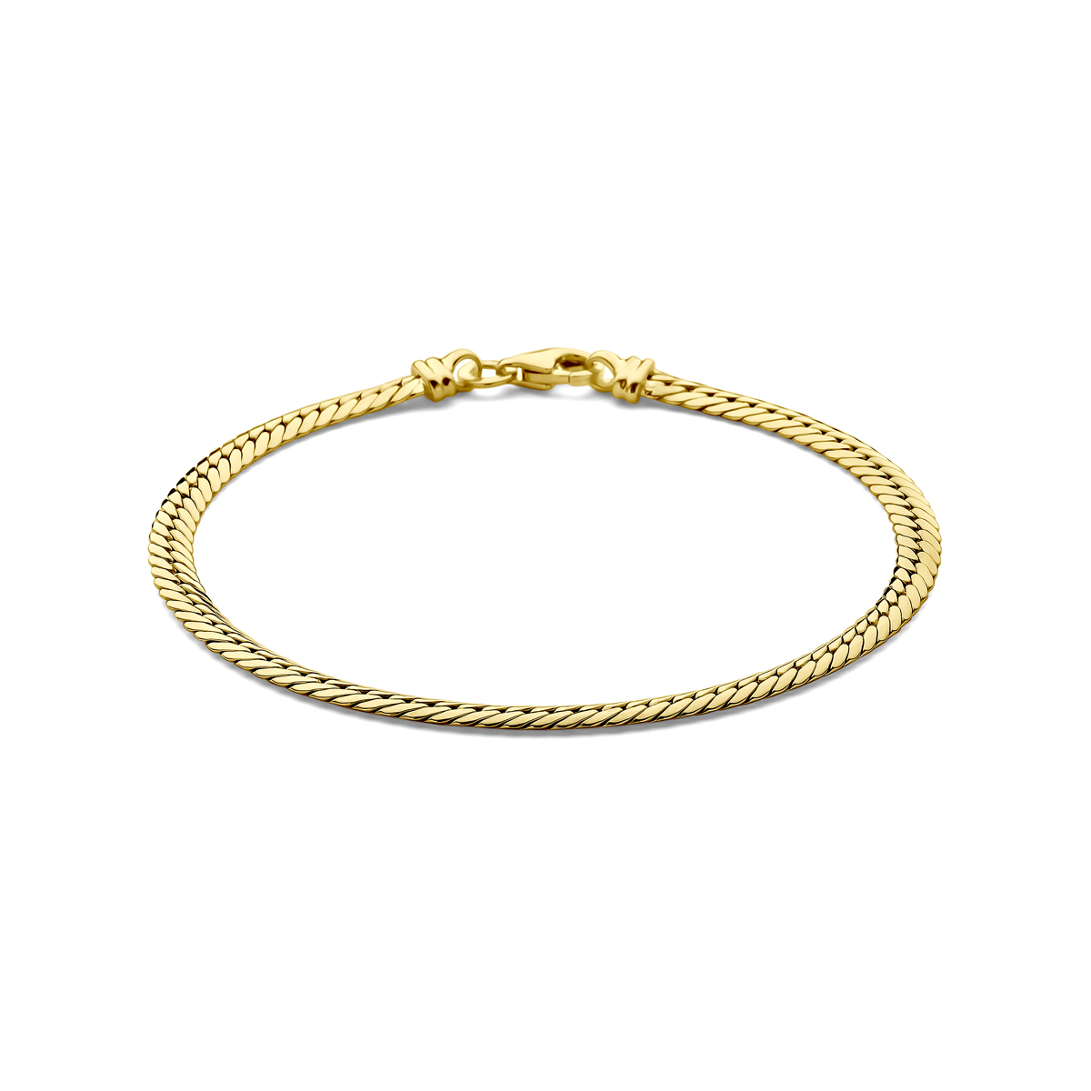 14k Geelgouden armband met een lengte van 19cm en een schakelbreedte van 3,8mm. Uitgevoerd met karabijnsluiting.