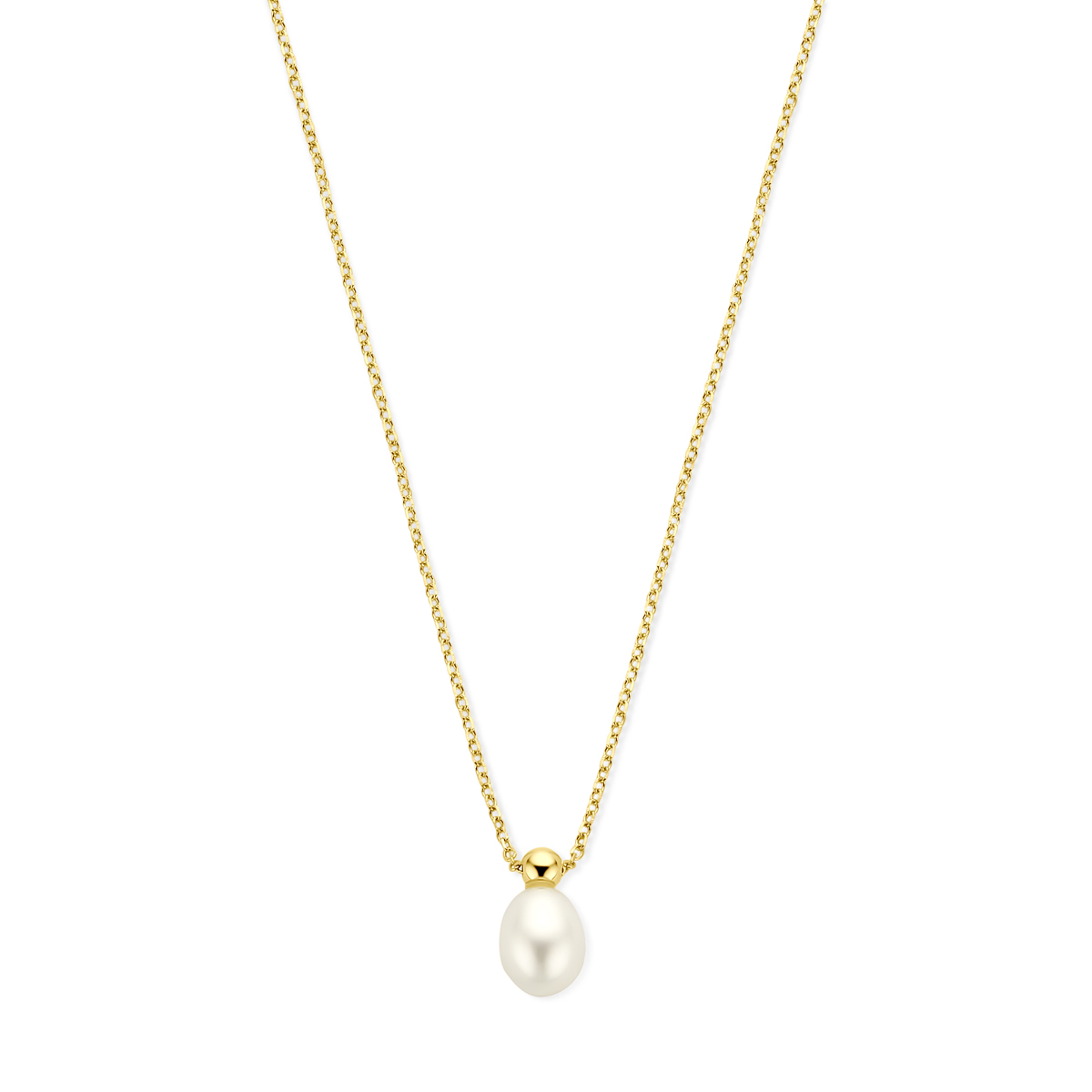 14k Geelgouden collier uitgevoerd met een zoetwaterparel. Het collier heeft een draaglengte van 42cm en een extensie van 3cm.