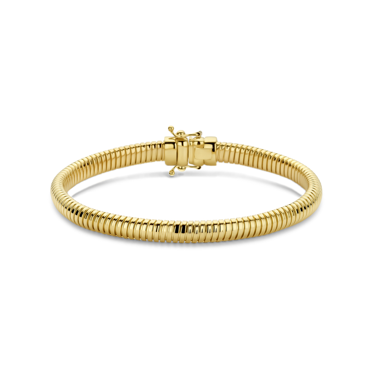 14k Geelgouden armband uitgevoerd met een tubogas schakel van 5.5mm. De armband heeft een draaglengte van 18.5cm.