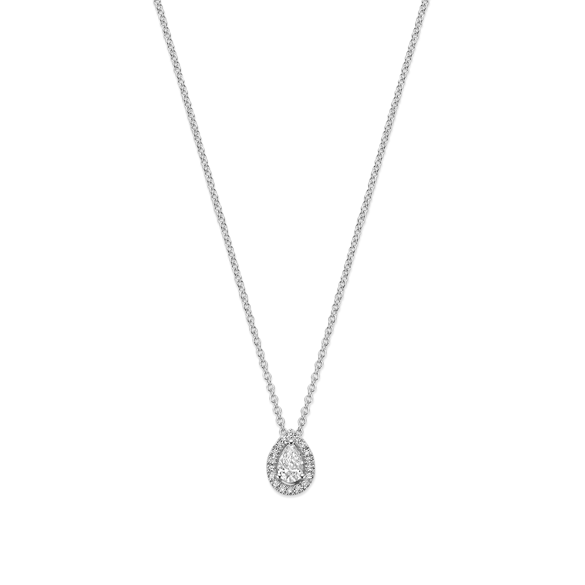 14k Witgouden collier uitgevoerd met een druppel diamant. Het collier heeft draaglengtes van 41-43-45cm en is uitgevoerd met karabijnsluiting. Het totale diamantgewicht is 0.25ct.