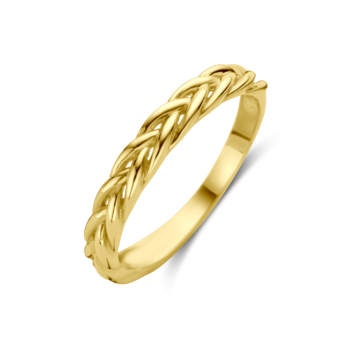 Geelgouden ring van 3mm breed uitgevoerd met een vossestaart schakelmotief.