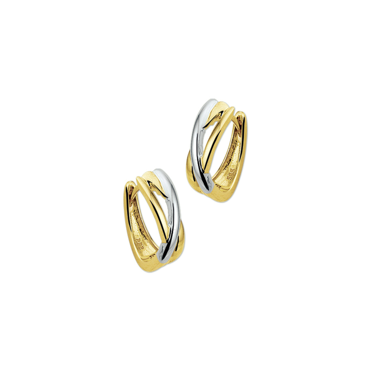 Bicolor wit- en geelgouden klapoorringen.
