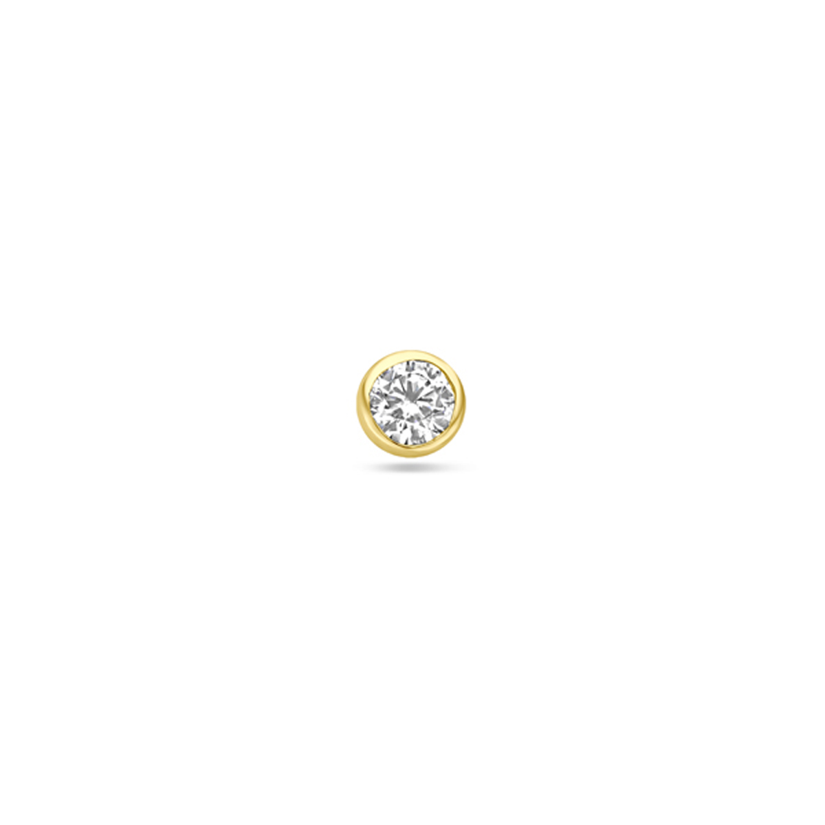 14k Geelgouden flat back piercing met schroefdraad uitgevoerd met zirkonia. Deze piercing heeft een diameter van 3mm, een buis lengte van 8mm en een buisdikte van 1.0mm.&nbsp;Worden per stuk verkocht.