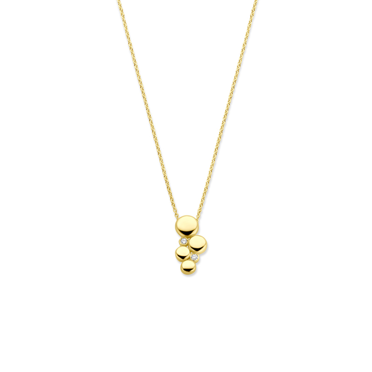 14k Geelgouden collier uitgevoerd met diamant. Het collier heeft draaglengtes van 40.5-42.5-44.5cm. Het totale diamantgewicht is 0.02ct.