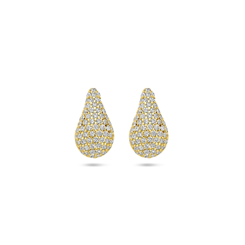 Geelgouden oorknoppen uitgevoerd in de vorm van een druppel met zirkonia. De oorknoppen hebben een afmeting van 13,5x7,5mm.