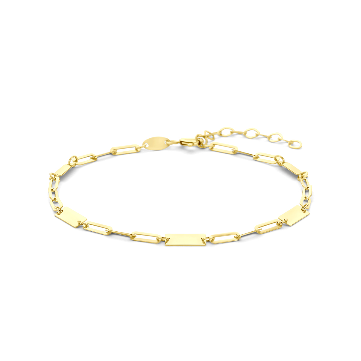 14k Geelgouden armband uitgevoerd met plaatjes. De armband heeft een draaglengte van 16cm met 3cm extensie.