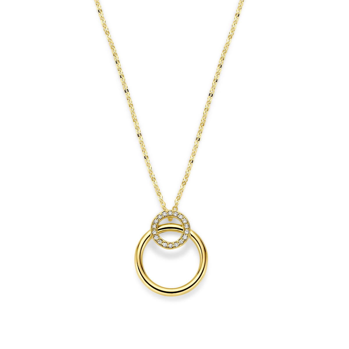 14k Geelgouden collier uitgevoerd met diamant. Het collier heeft draaglengtes van 41-43-45 cm en een schakelbreedte van 1,2 mm. Het totale diamant gewicht is 0.07ct.