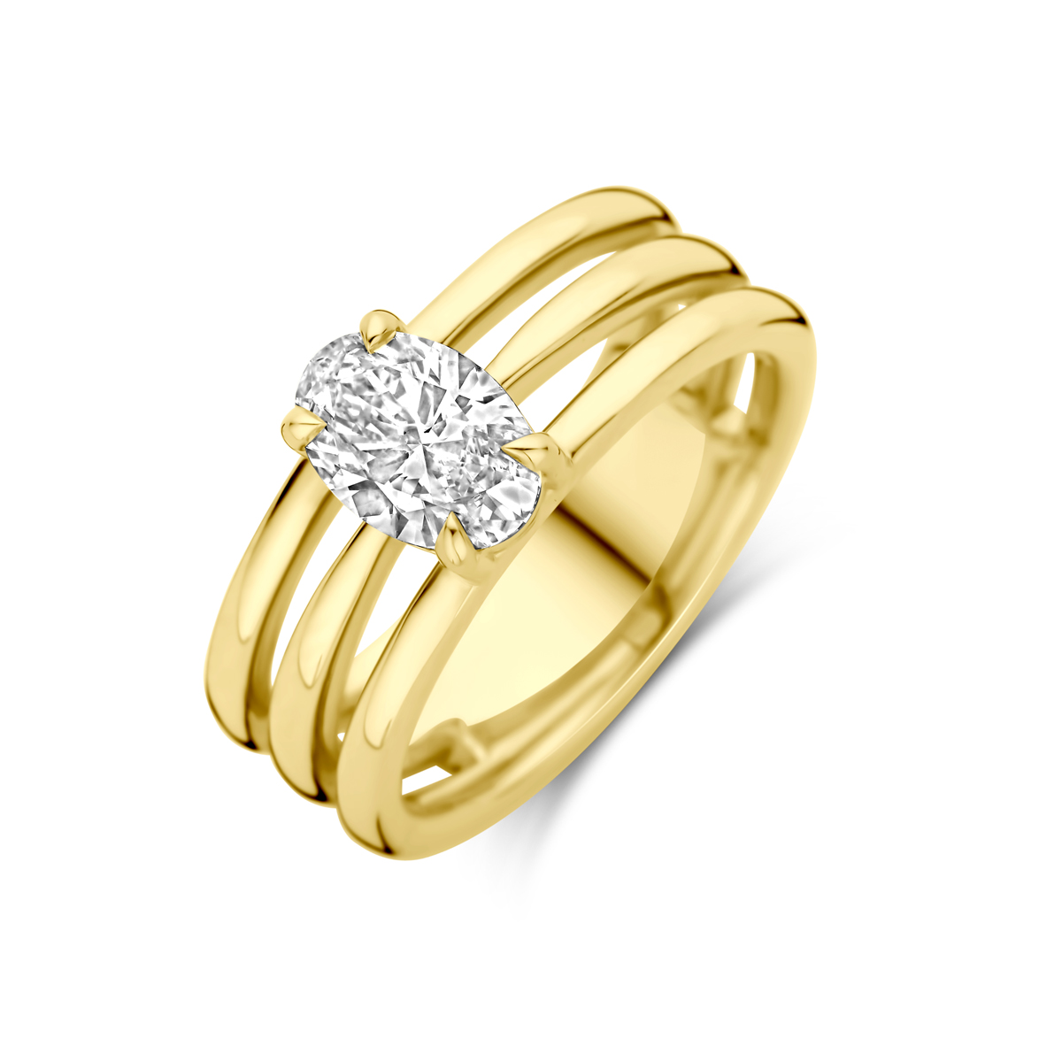 14k Geelgouden ring uitgevoerd met lab grown diamant. De steen heeft een afmeting van 8.5x6mm. Het diamantgewicht is 1.00ct.