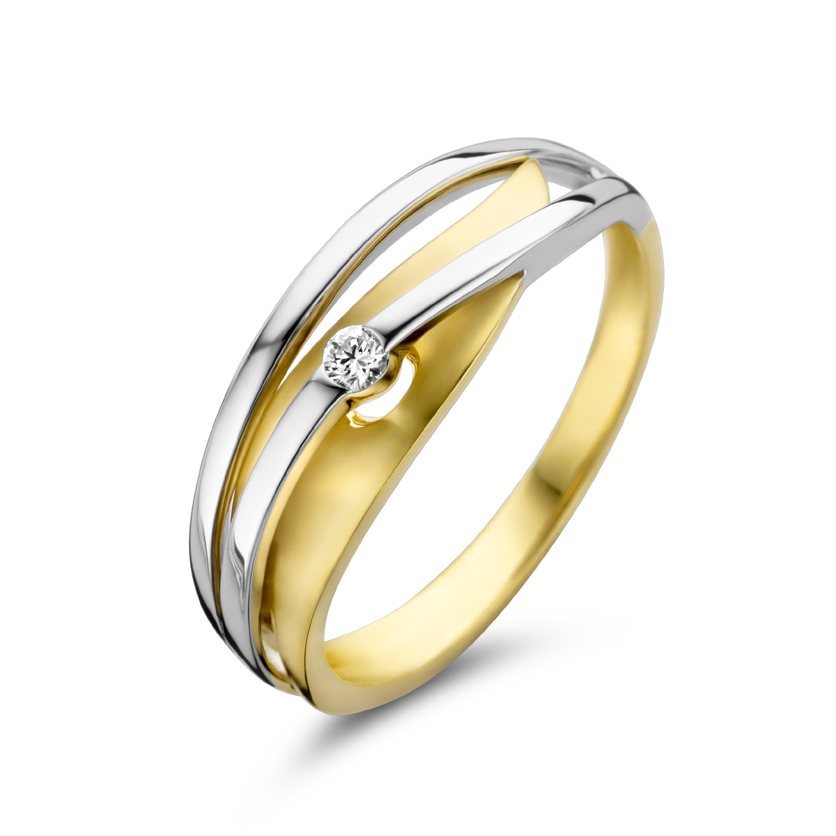 14k Bicolor geel- en witgouden ring uitgevoerd met een schitterende diamant. De ring heeft een breedte van 6.5mm. De totale diamantgewicht is 0.04ct.