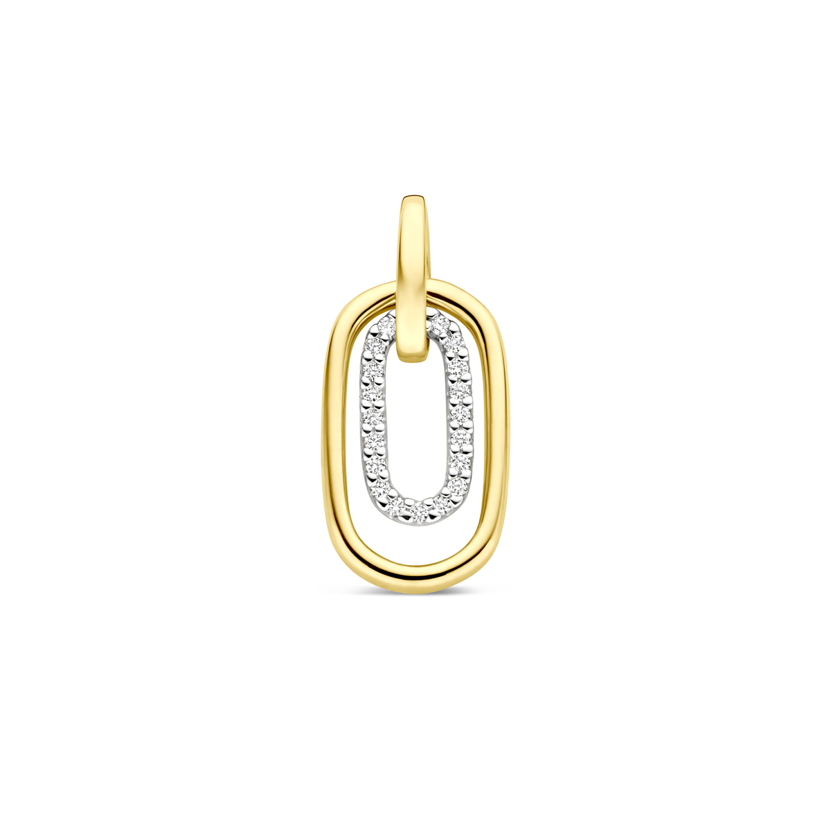 14k Bicolor-geel en witgouden hanger uitgevoerd met diamant. De hanger heeft een totale hoogte van 20mm. Het totale diamantgewicht is 0.08ct.