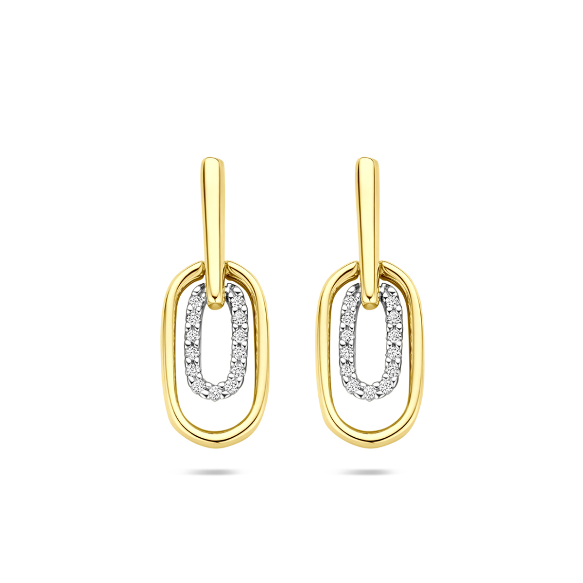 14k Bicolor-geel en witgouden oorhangers uitgevoerd met diamant. De oorhangers hebben een totale hoogte van 20mm. Het totale diamantgewicht is 0.08ct.