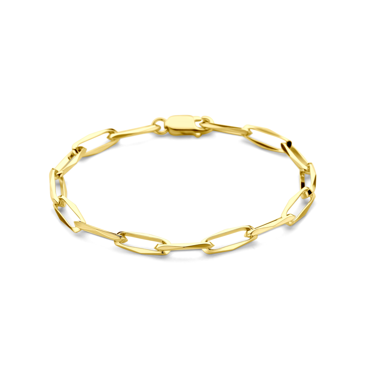 14krt Geelgoud armband closed forever massief 21cm 5,5mm 
14k Geelgouden armband met een closed forever schakel van 5.5mm. De armband is uitgevoerd met karabijnsluiting.